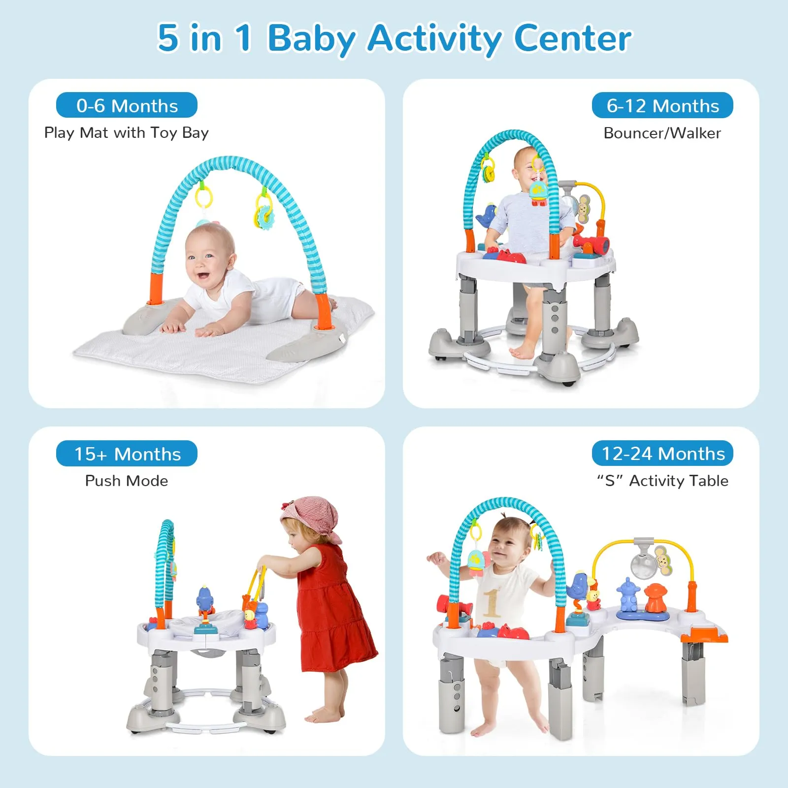 INFANS Baby Bouncer Activity Center 5 in 1 Toddler Bouncing Activity Saucer Playtime Mat Activity Table with 360°Rotating Seat