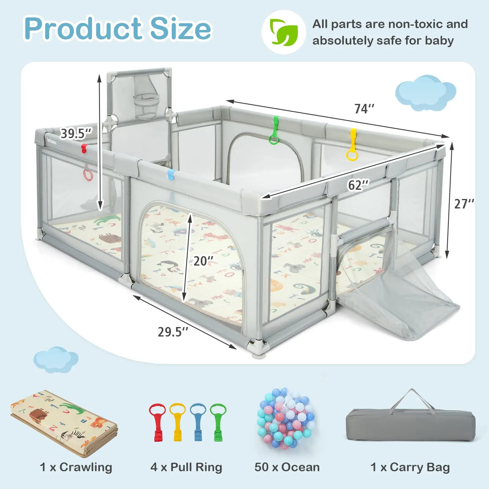 INFANS Baby Playpen, 74” x 62” Extra Large Baby Play Yard with Crawling Mat, Indoor Activity Center