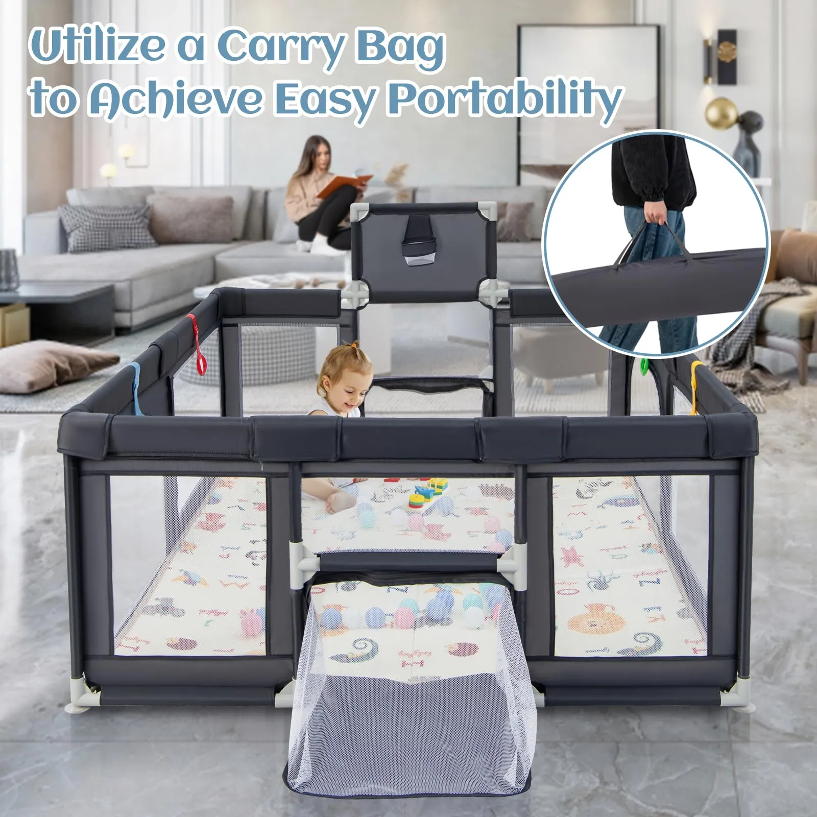 INFANS Baby Playpen, 74” x 62” Extra Large Baby Play Yard with Crawling Mat, Indoor Activity Center