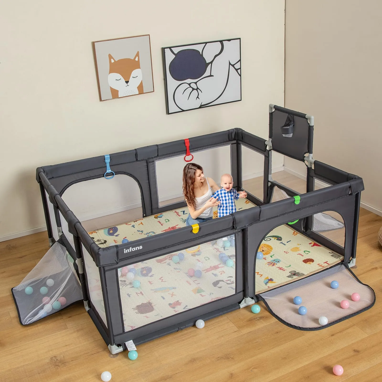 INFANS Baby Playpen, 74” x 62” Extra Large Baby Play Yard with Crawling Mat, Indoor Activity Center