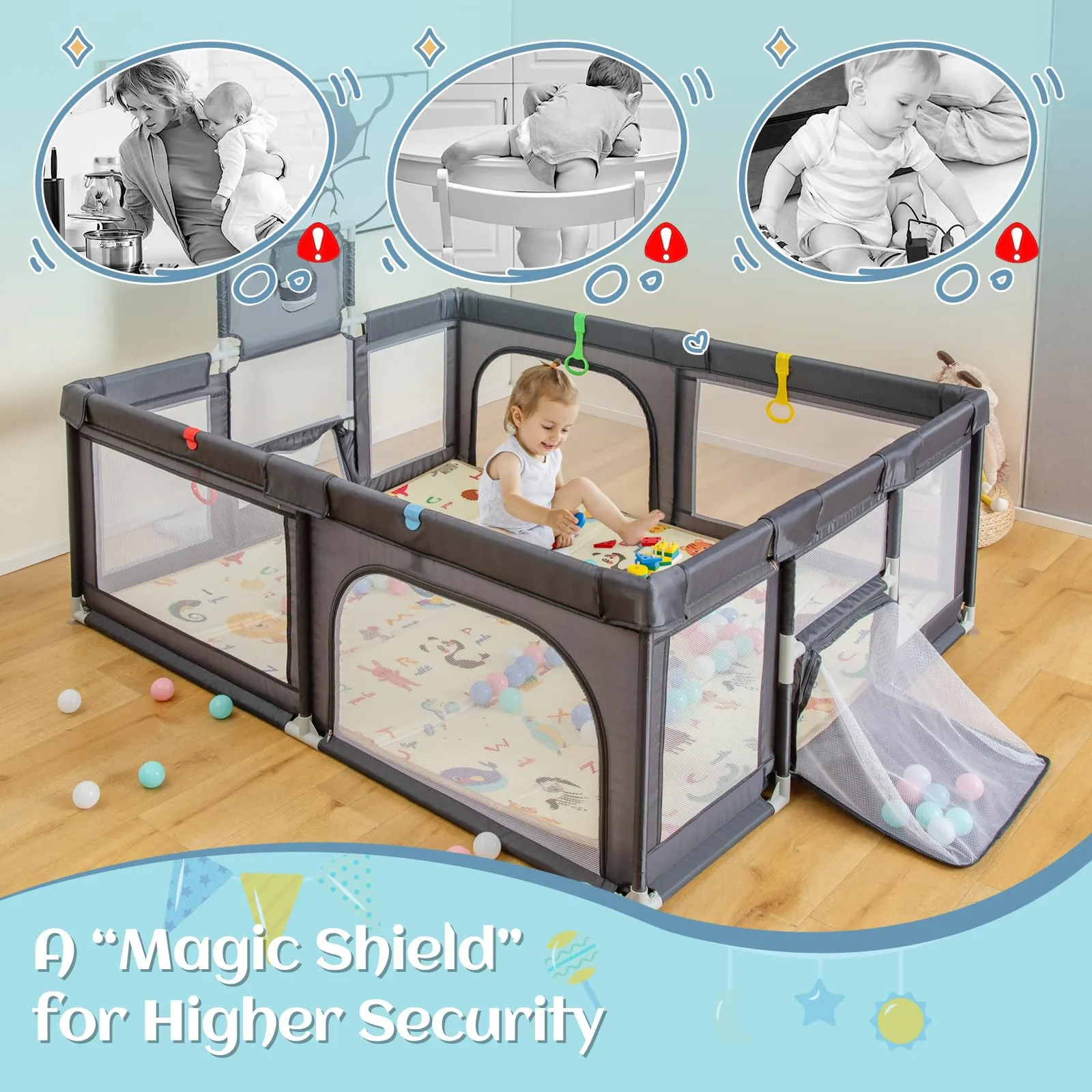 INFANS Baby Playpen, 74” x 62” Extra Large Baby Play Yard with Crawling Mat, Indoor Activity Center