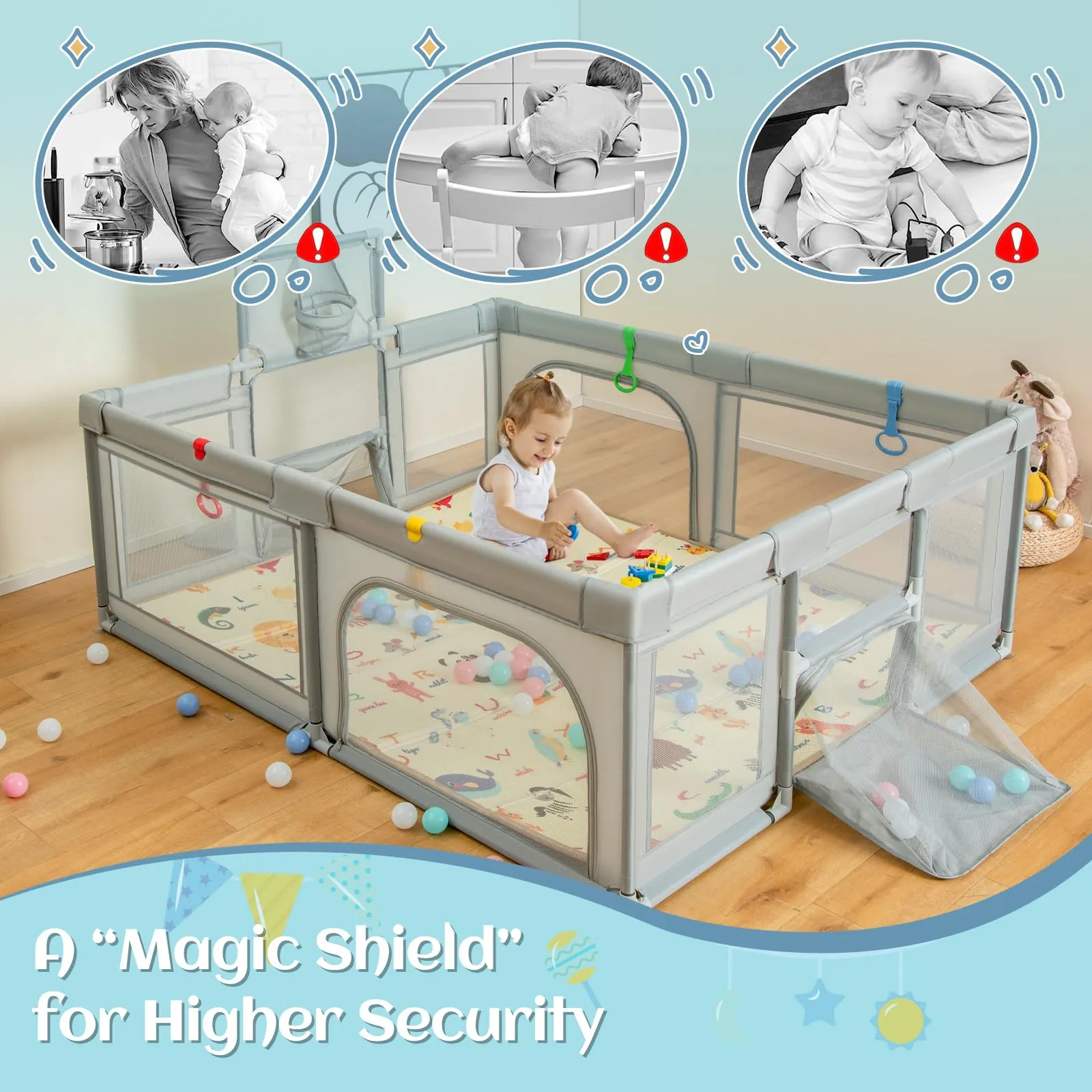INFANS Baby Playpen, 74” x 62” Extra Large Baby Play Yard with Crawling Mat, Indoor Activity Center