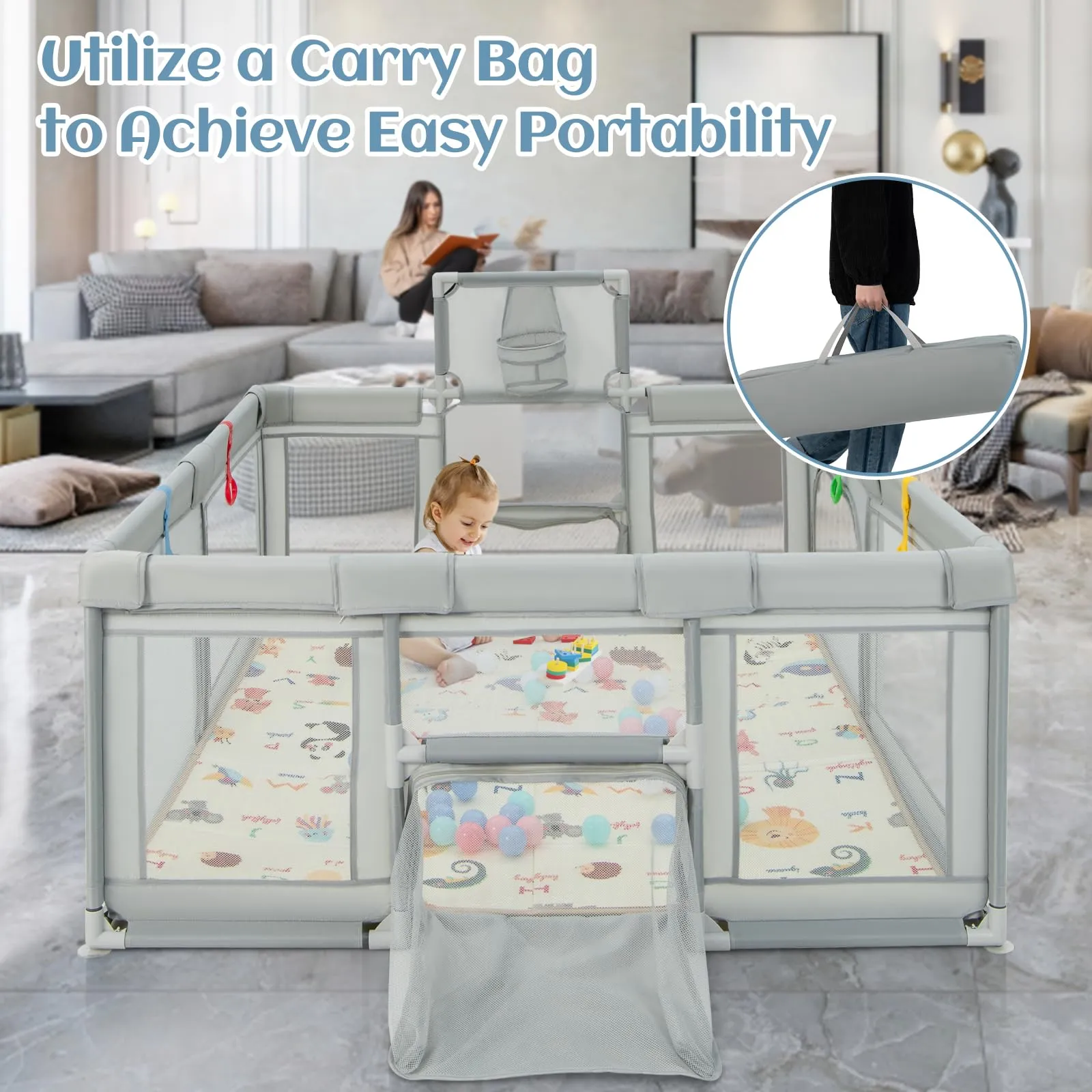 INFANS Baby Playpen, 74” x 62” Extra Large Baby Play Yard with Crawling Mat, Indoor Activity Center