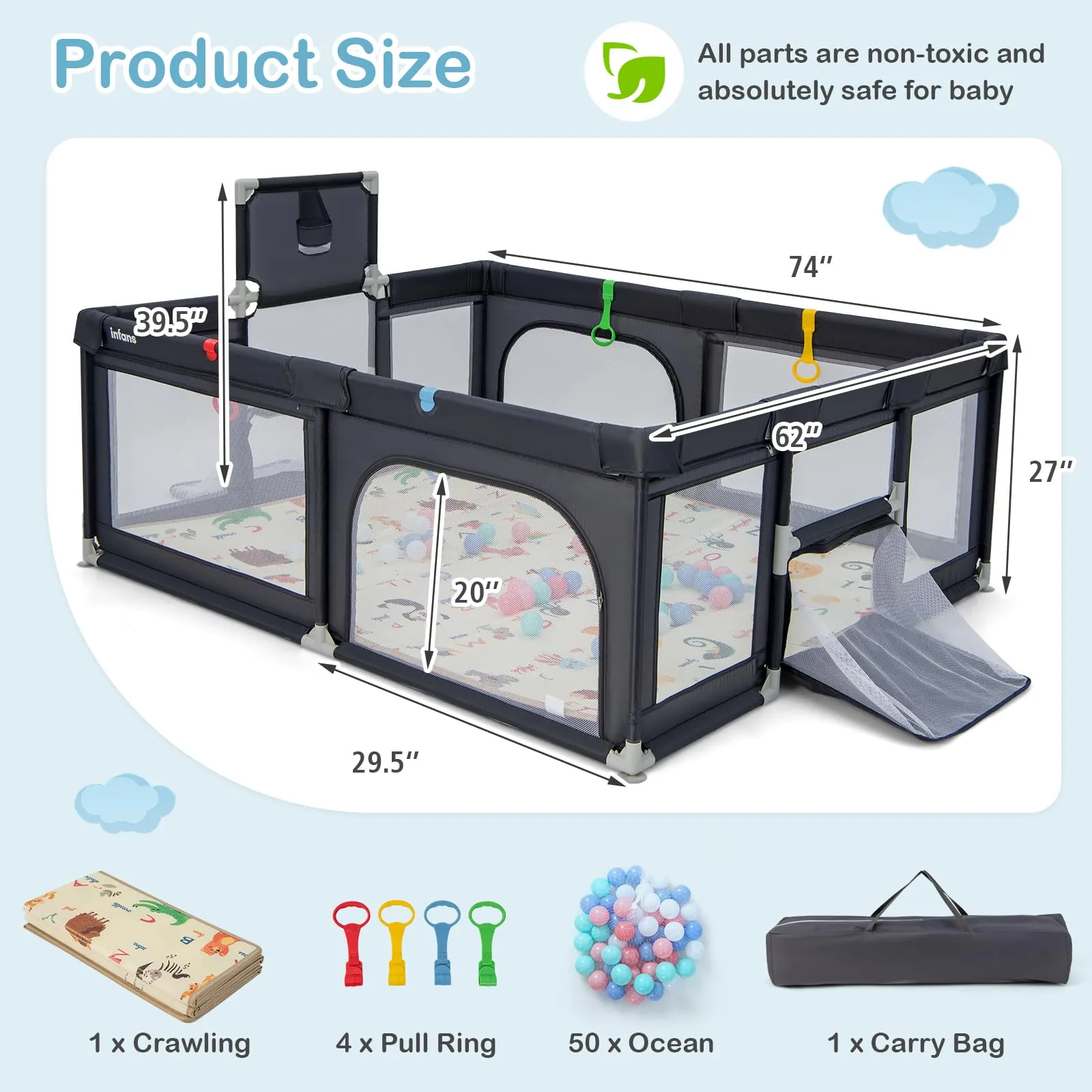 INFANS Baby Playpen, 74” x 62” Extra Large Baby Play Yard with Crawling Mat, Indoor Activity Center