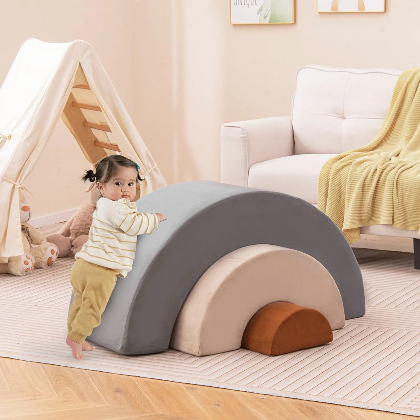 INFANS Climbing Toys for Toddlers, 3pc Foam Climbing Blocks Rainbow Shaped Indoor Play Set, Rainbow Crawling Tunnel
