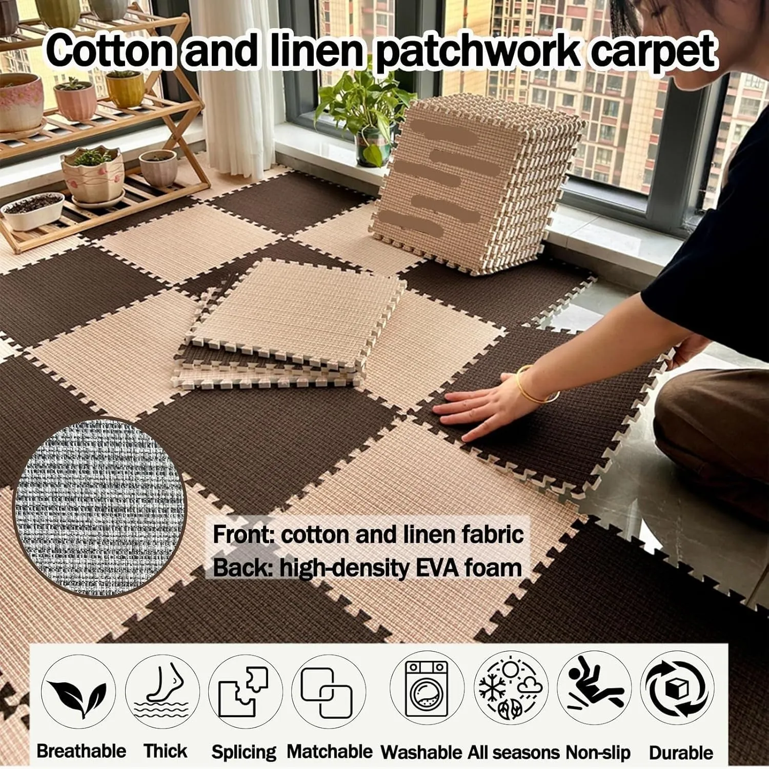 Interlocking Foam Carpet Tiles, Cotton beach face elementary cavern untreated Linen Floor Mats with Border, Puzzle Tiles for Home Gym, Floor Protection(Beige Light Brown) 10pcs 24x24 in 