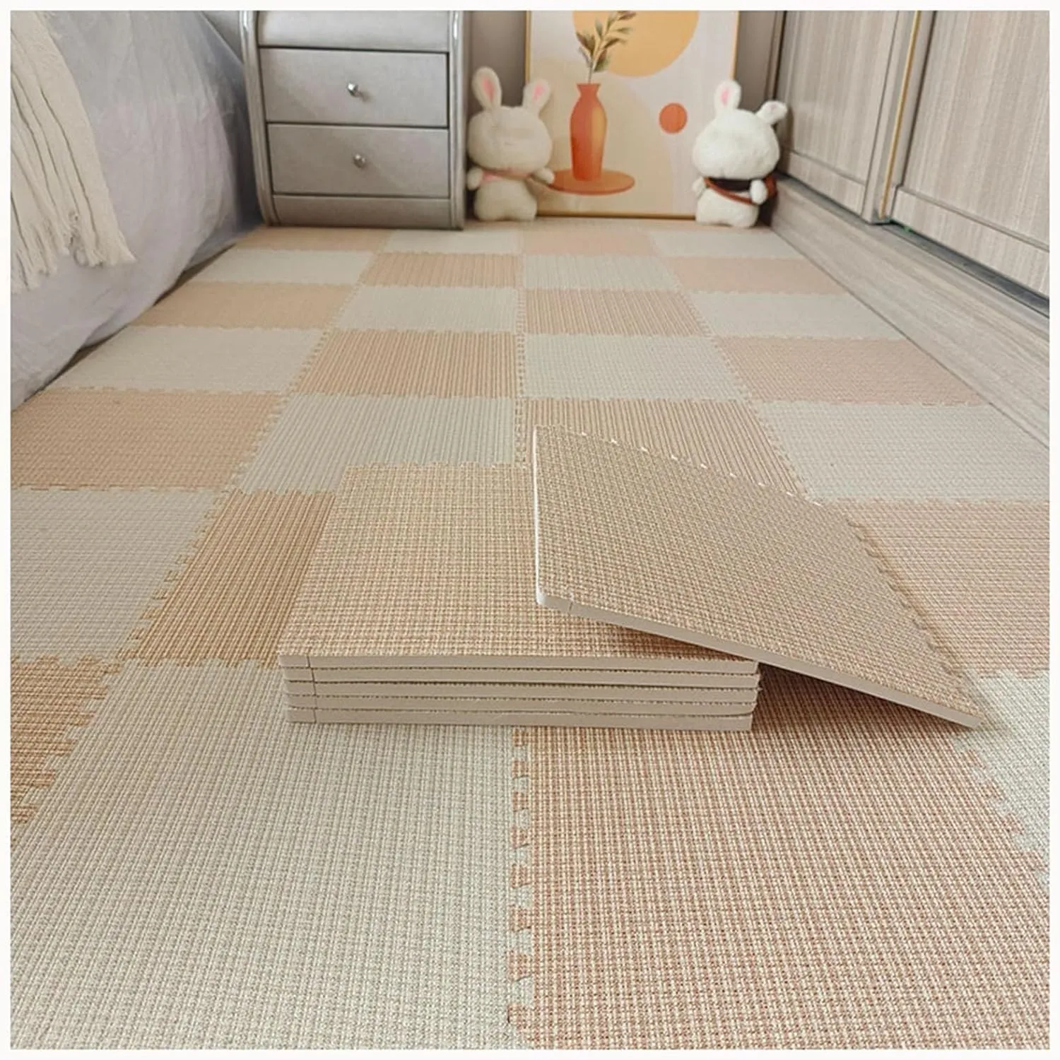 Interlocking Foam Carpet Tiles, Cotton beach face elementary cavern untreated Linen Floor Mats with Border, Puzzle Tiles for Home Gym, Floor Protection(Beige Light Brown) 10pcs 24x24 in 