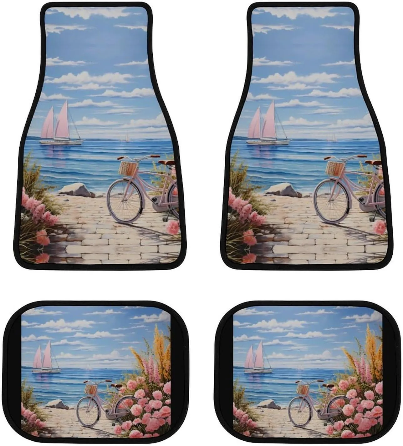 introspective philology rule pique Mat Set All Weather Car Floor Mats Decorative Universal Car Mats Bike Seaside Bicycles and Flower 4-Piece Car 