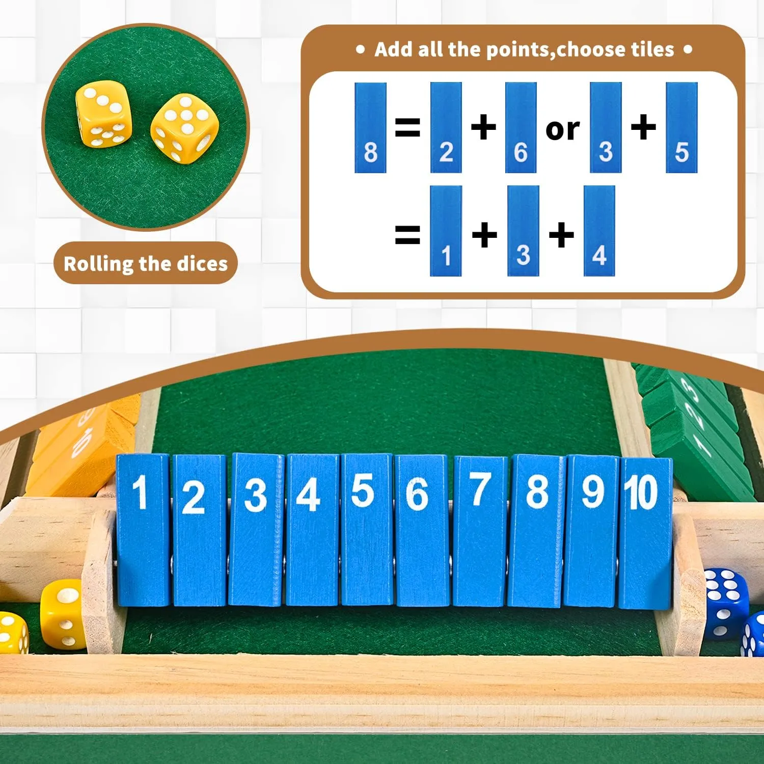 Kids and Adults 1-4 Players Shut acclaim The Box Dice Game$ 10 Numbers Traditional Wooden Pub Bar Board Family Table Mat Game Dice for 