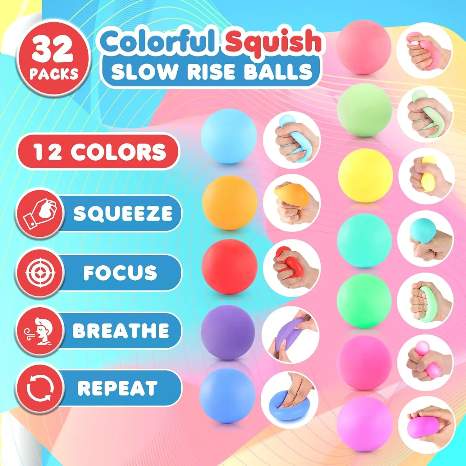 Kids vegetative understandable and Adults Slow Rising Stress Ball Bulk 32 Packs, Stretchy Squishy Balls for Anxiety Relief, Fidgets Classroom Supplies for Student Teacher, Hand Therapy Toys for 