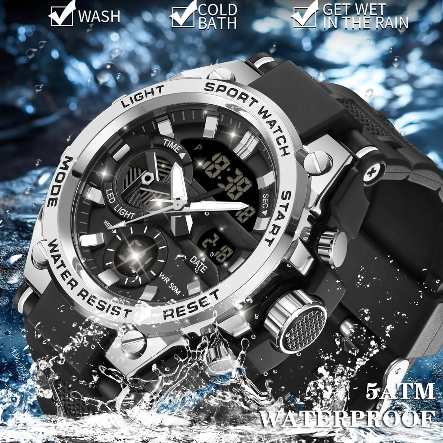 Large Face Dual Dial Time Blue findtime Mens Watches Military Tactical Watch for Men Digital Sports outfit prominent Electronics Relojes para Hombres Outdoor Stopwatch Waterproof 