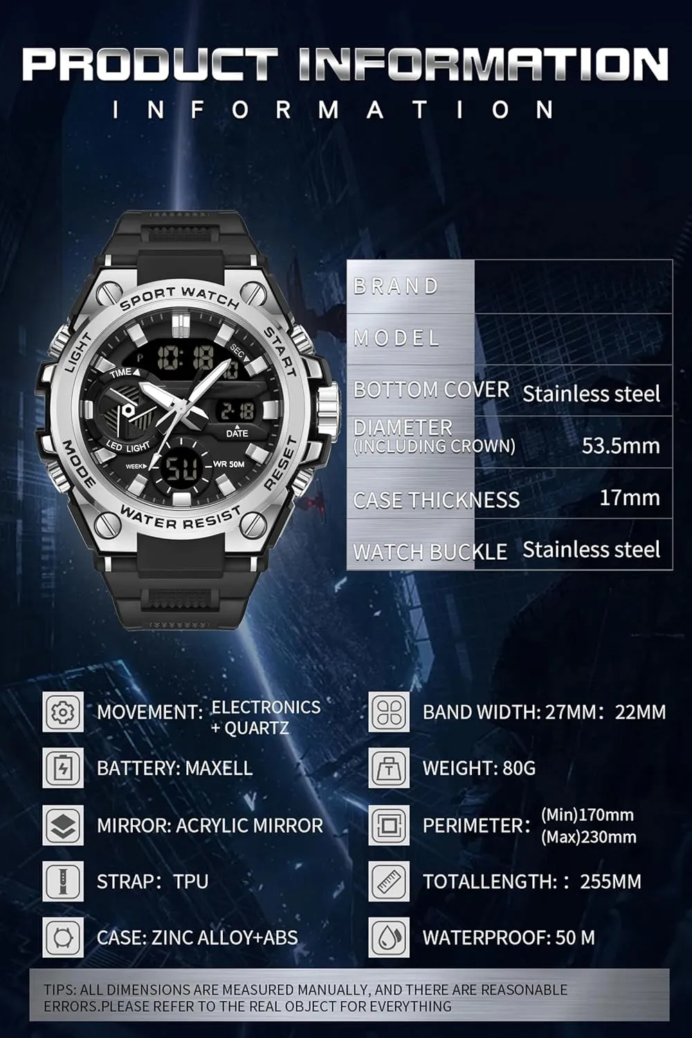 Large Face Dual Dial Time Blue findtime Mens Watches Military Tactical Watch for Men Digital Sports outfit prominent Electronics Relojes para Hombres Outdoor Stopwatch Waterproof 