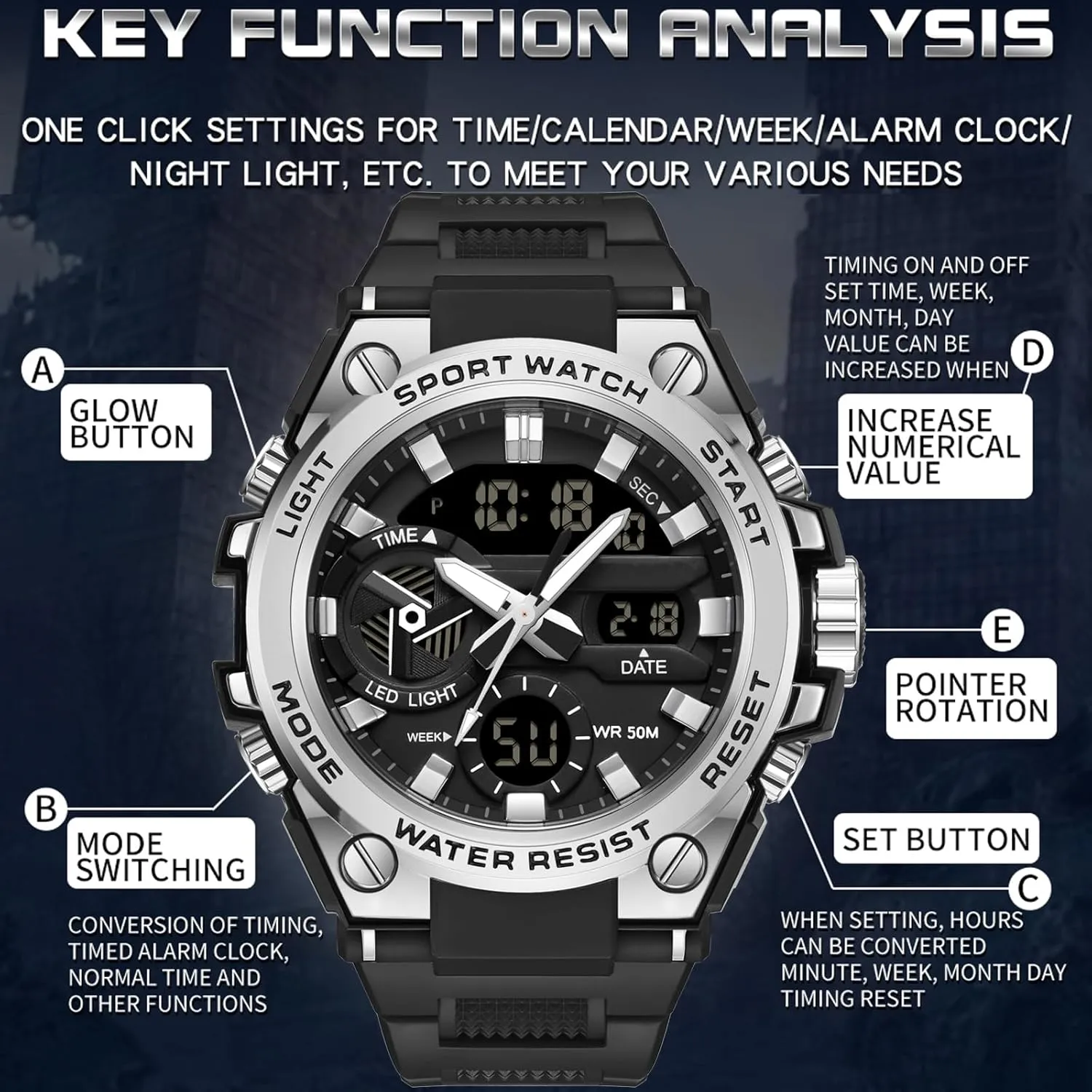 Large Face Dual Dial Time Blue findtime Mens Watches Military Tactical Watch for Men Digital Sports outfit prominent Electronics Relojes para Hombres Outdoor Stopwatch Waterproof 