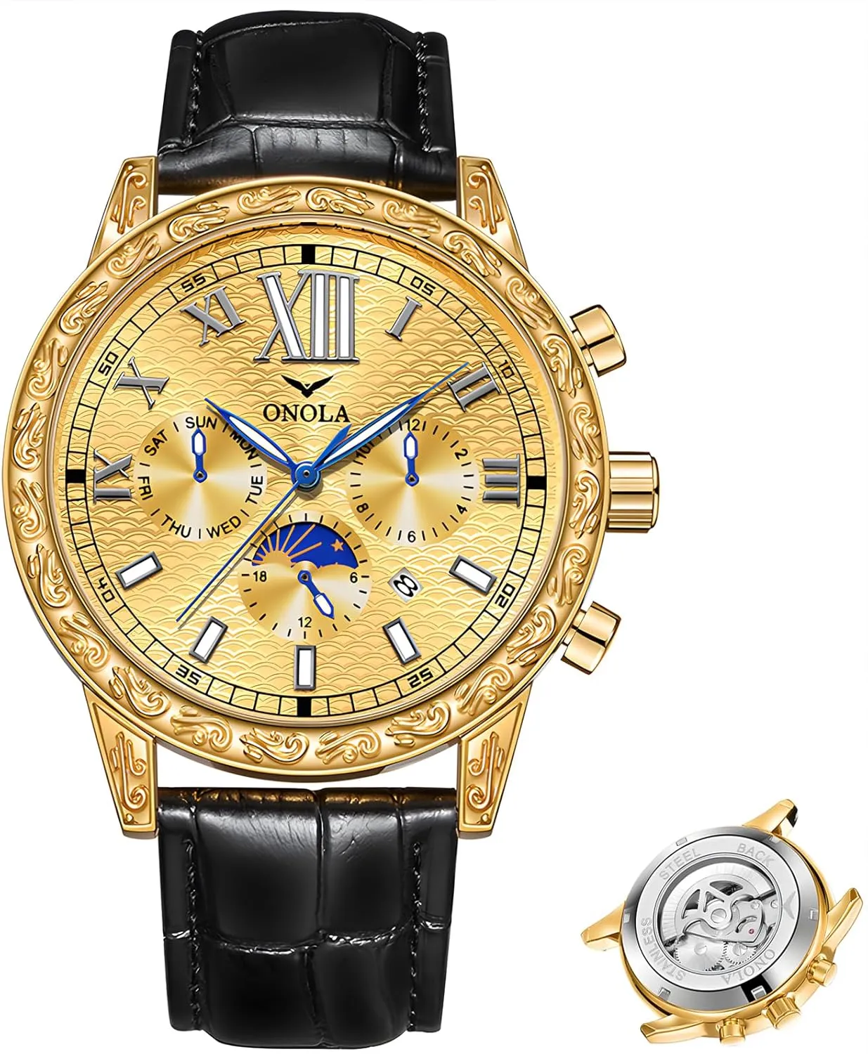Large Gold Watch Three Eye Timing Dial 24-Hour Moon Phase Display Calendar Watch Men's Business Mechanical Watch Fully Automatic Men's Mechanical vain respect Watch Comfortable Leather Strap 