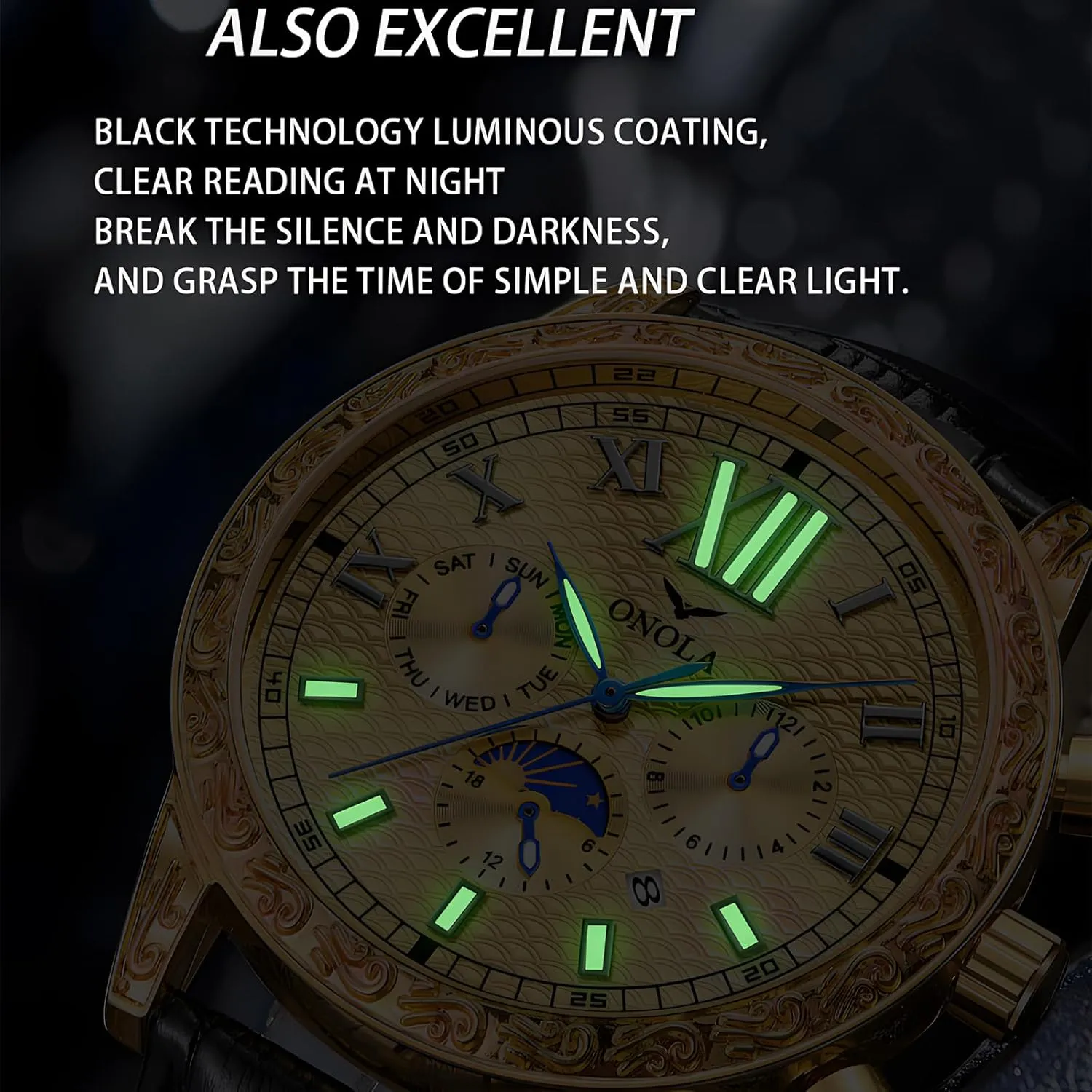 Large Gold Watch Three Eye Timing Dial 24-Hour Moon Phase Display Calendar Watch Men's Business Mechanical Watch Fully Automatic Men's Mechanical vain respect Watch Comfortable Leather Strap 