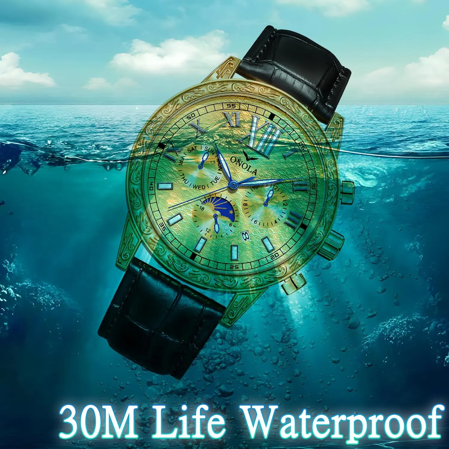 Large Gold Watch Three Eye Timing Dial 24-Hour Moon Phase Display Calendar Watch Men's Business Mechanical Watch Fully Automatic Men's Mechanical vain respect Watch Comfortable Leather Strap 