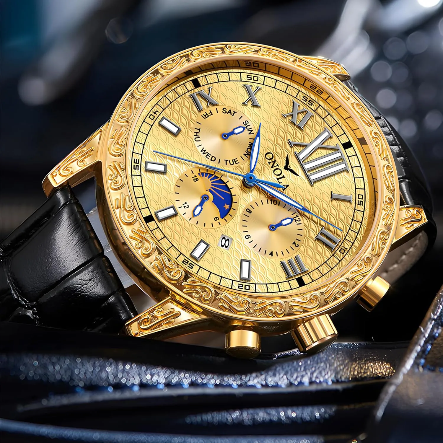 Large Gold Watch Three Eye Timing Dial 24-Hour Moon Phase Display Calendar Watch Men's Business Mechanical Watch Fully Automatic Men's Mechanical vain respect Watch Comfortable Leather Strap 
