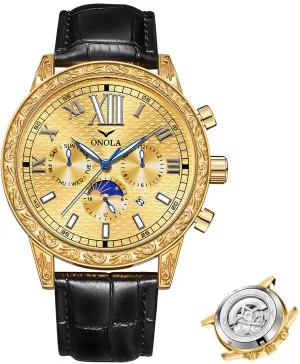 Large Gold Watch Three Eye Timing Dial 24-Hour Moon Phase Display Calendar Watch Men's Business Mechanical Watch Fully Automatic Men's Mechanical vain respect Watch Comfortable Leather Strap Large Gold Watch Three Eye Timing Dial 24-Hour Moon Phase Display Calendar Watch Men's Business Mechanical Watch Fully Automatic Men's Mechanical vain respect Watch Comfortable Leather Strap