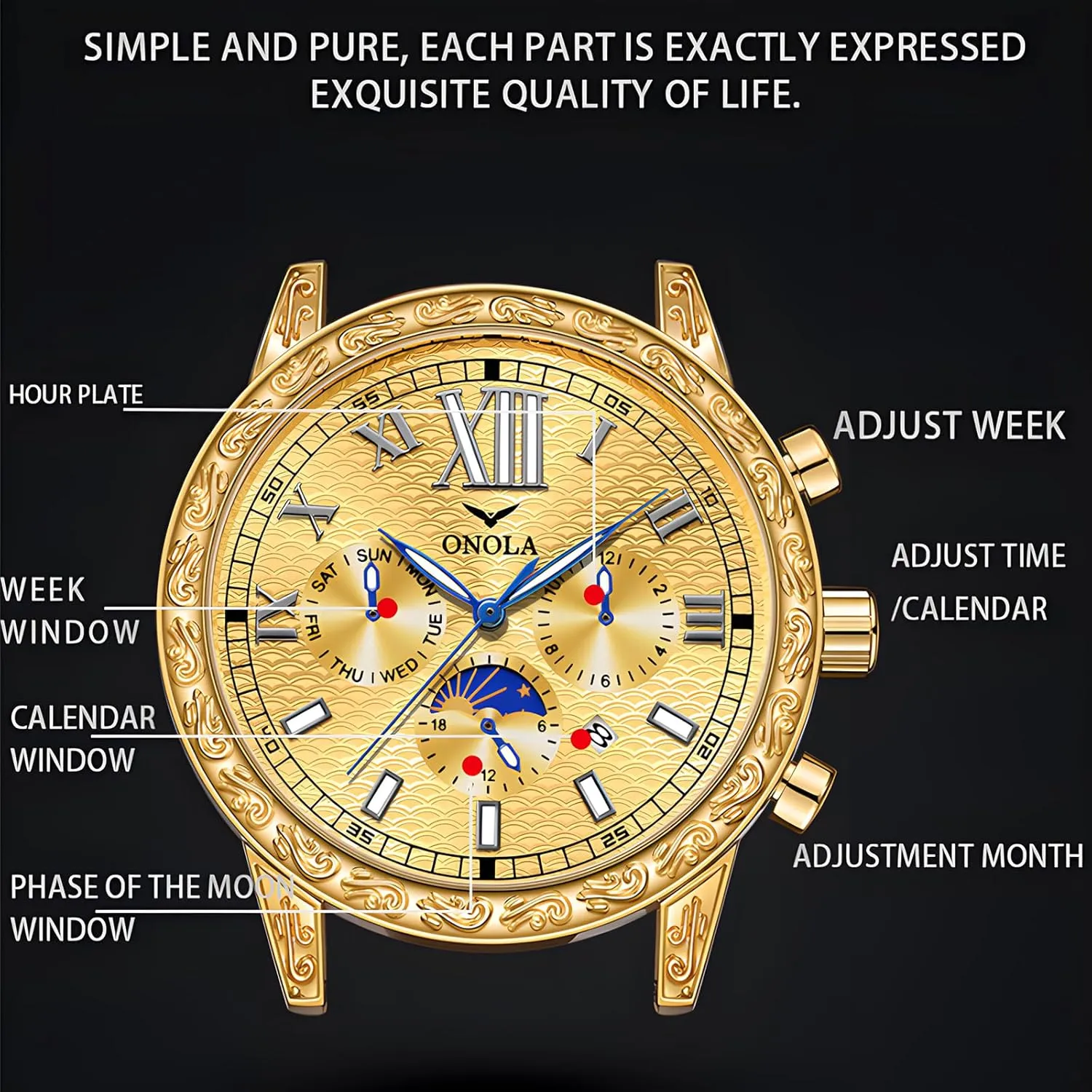Large Gold Watch Three Eye Timing Dial 24-Hour Moon Phase Display Calendar Watch Men's Business Mechanical Watch Fully Automatic Men's Mechanical vain respect Watch Comfortable Leather Strap 