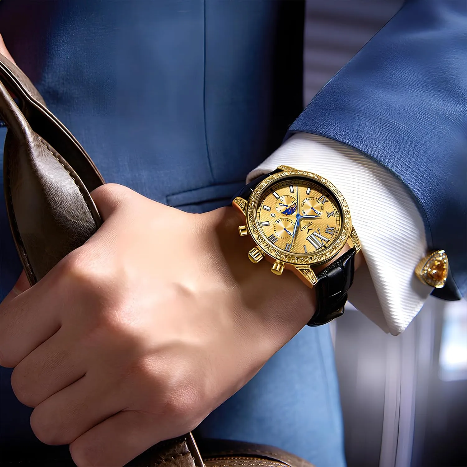 Large Gold Watch Three Eye Timing Dial 24-Hour Moon Phase Display Calendar Watch Men's Business Mechanical Watch Fully Automatic Men's Mechanical vain respect Watch Comfortable Leather Strap 