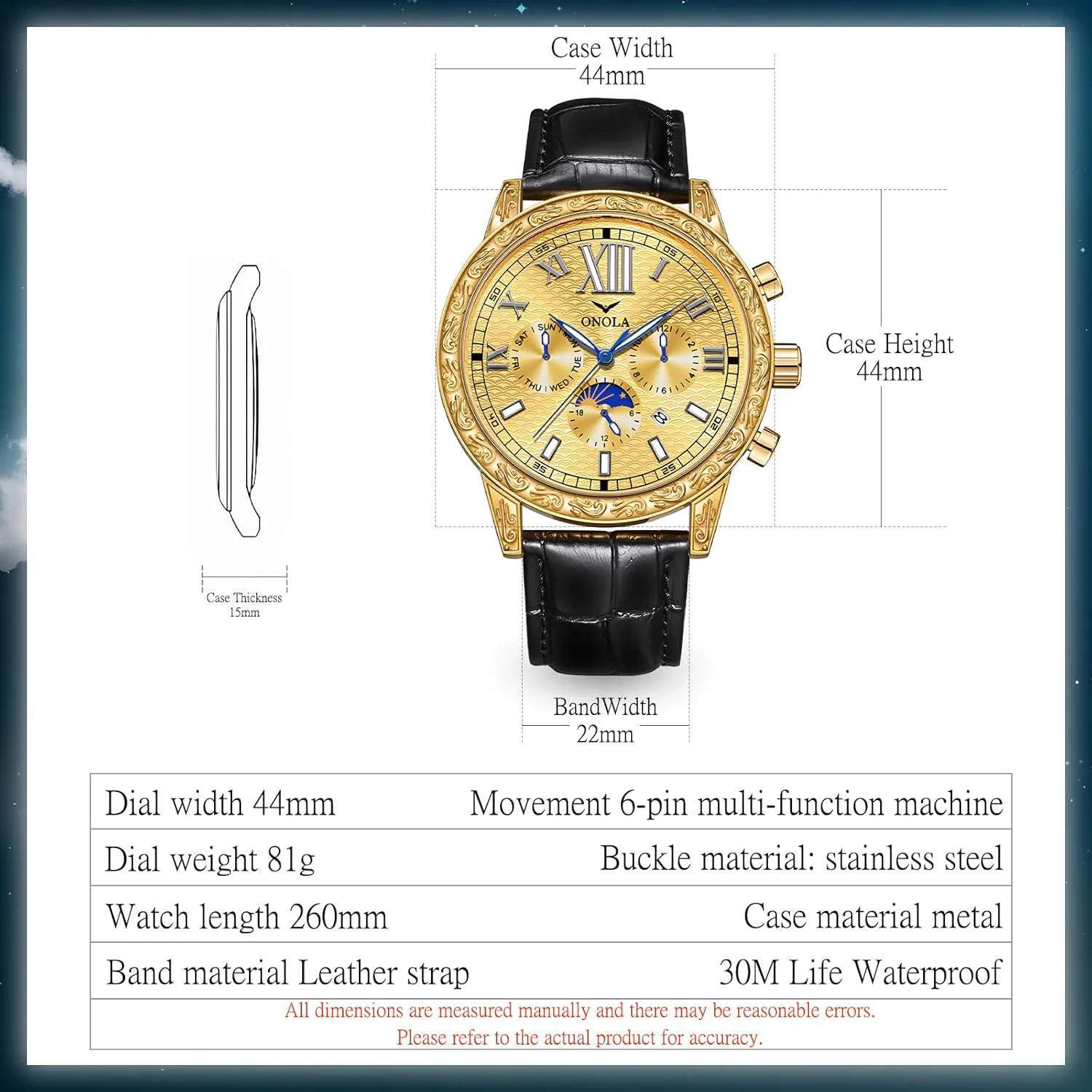 Large Gold Watch Three Eye Timing Dial 24-Hour Moon Phase Display Calendar Watch Men's Business Mechanical Watch Fully Automatic Men's Mechanical vain respect Watch Comfortable Leather Strap 