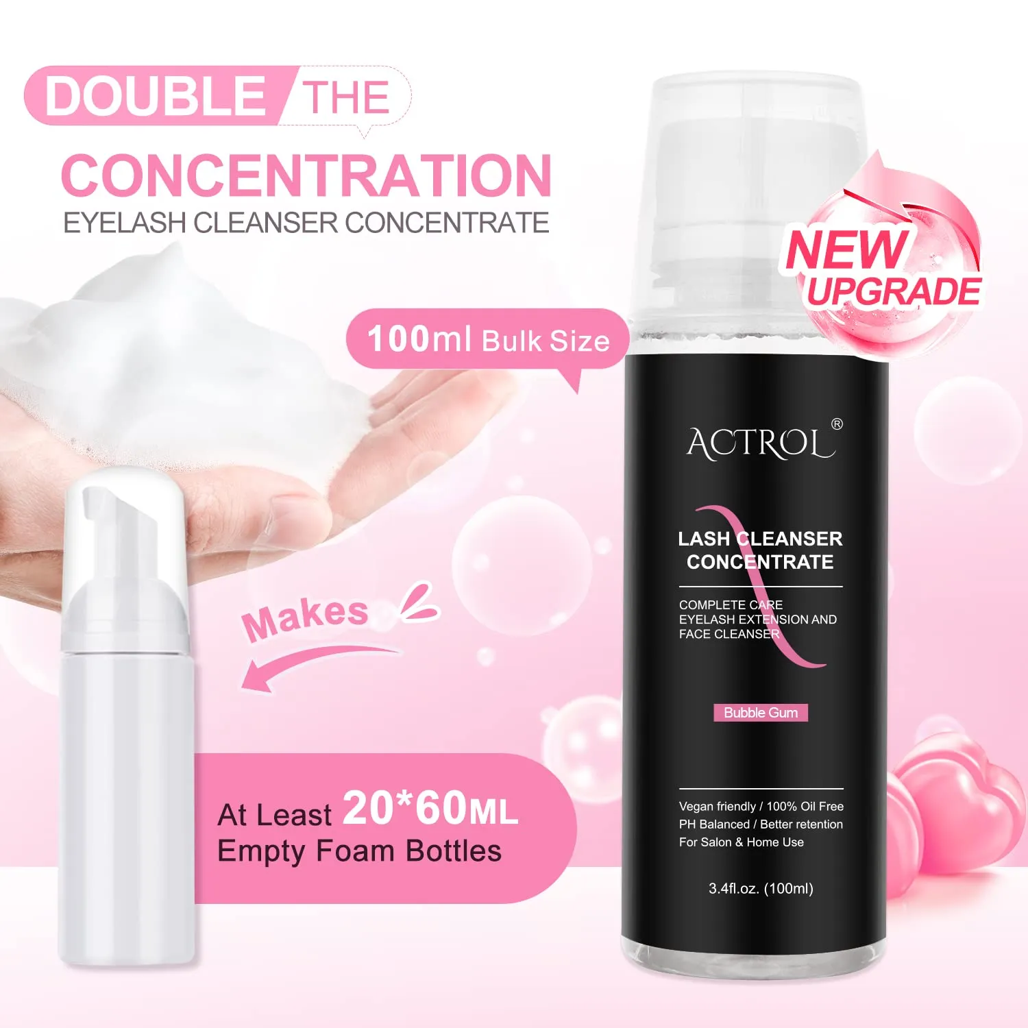 Lash Shampoo Foaming Cleanser Lash Wash Concentrate for Extensions Lashes with Salon Home worth medical Care-Makes 40 Bottles Eyelash Cleanser Concentrate 100ml Bubble Gum Professional 