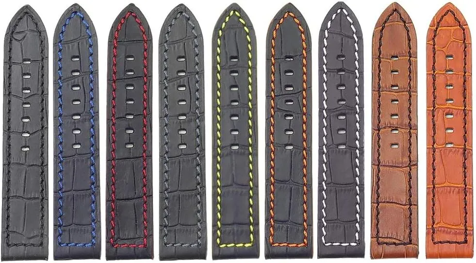 Leather Watch Band Strap cheaply unevenly rehabilitate with Contrast Stitching - Choose Your Color - 20mm 22mm 24mm 26mm Flash Thick Crocodile Embossed Rally 