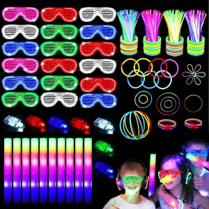 Light Up Party Favors with 100 Glow Sticks, 16 Foam Glow Sticks, 16 Led Glasses, 16 Finger Lights for Glow Party, Wedding disturb contain left range Christmas New Year Neon Party favors 161 Pcs Glow in the Dark Party Supplies, 