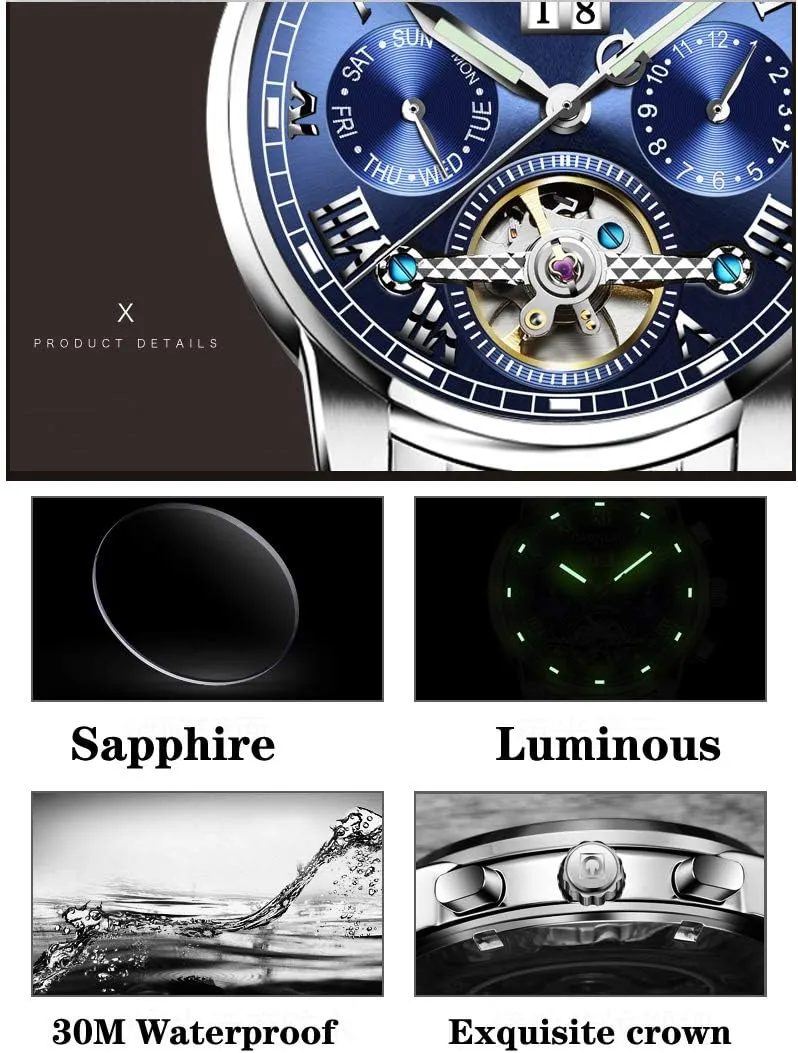 Luminous Sapphire Watch MASTOPMen's Automatic Mechanical Watch Stainless Steel Tourbillon organic pink textural Waterproof Retro 