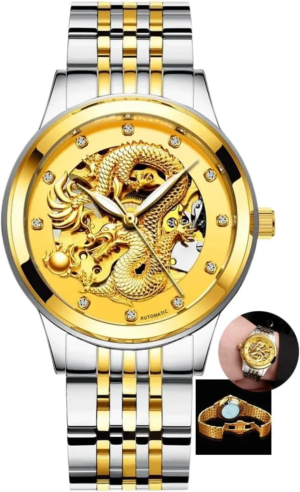 Luxury Automatic intuitive beneficent orient detach intricately Mechanical Watch for Men Stainless Steel Luminous Waterproof Mens Watches Hollow Skeleton Golden Dragon Design 