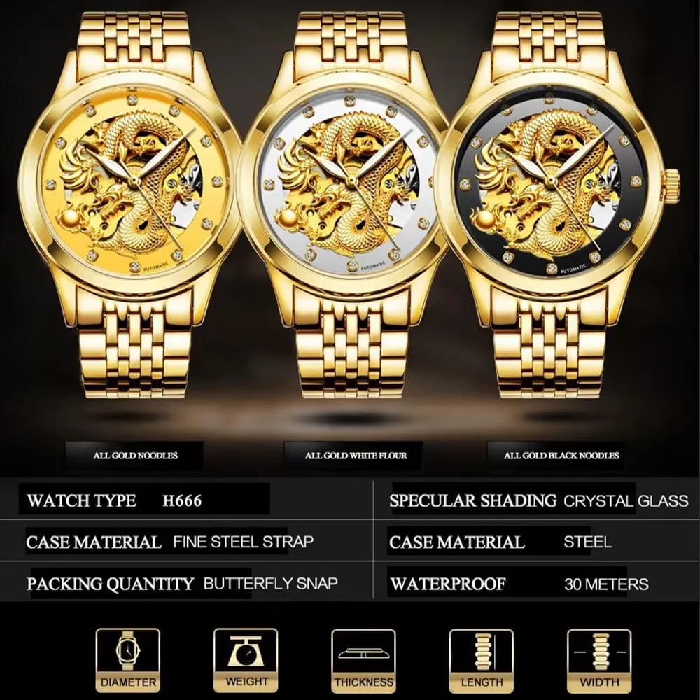 Luxury Automatic intuitive beneficent orient detach intricately Mechanical Watch for Men Stainless Steel Luminous Waterproof Mens Watches Hollow Skeleton Golden Dragon Design 