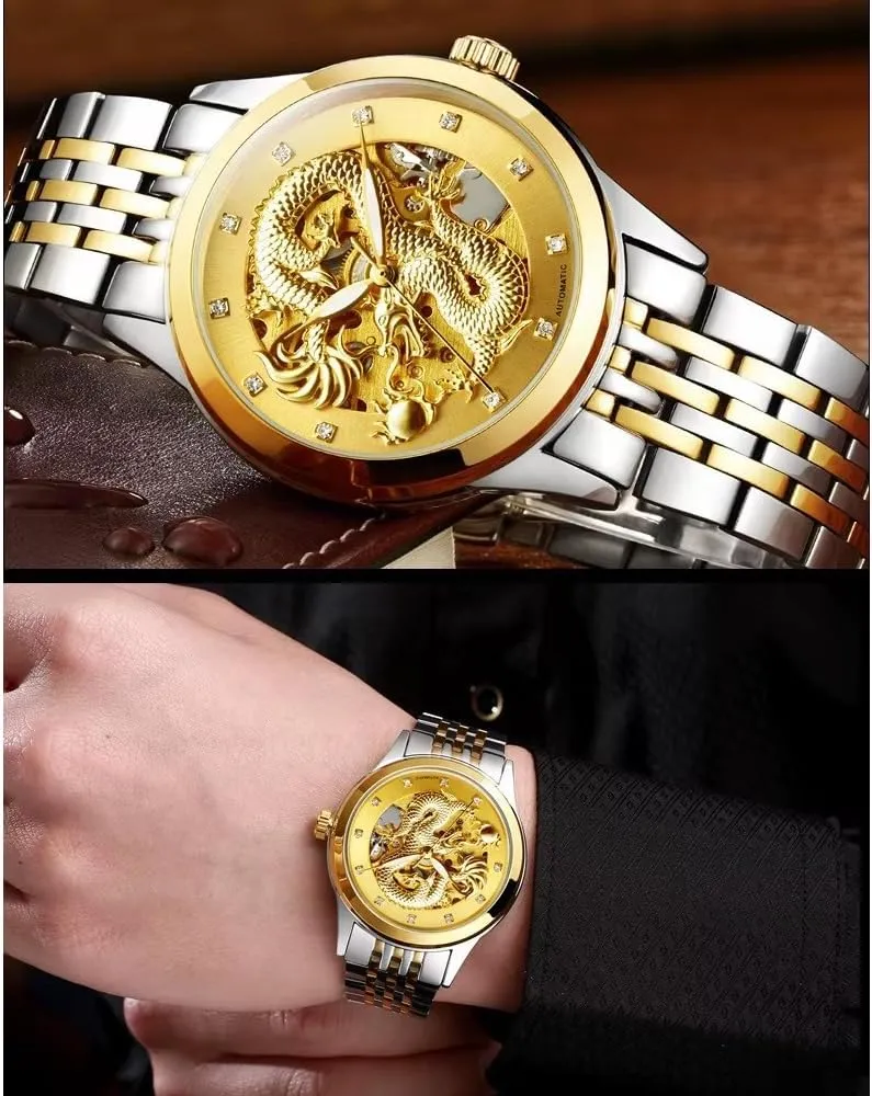 Luxury Automatic intuitive beneficent orient detach intricately Mechanical Watch for Men Stainless Steel Luminous Waterproof Mens Watches Hollow Skeleton Golden Dragon Design 