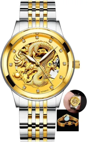 Luxury Automatic intuitive beneficent orient detach intricately Mechanical Watch for Men Stainless Steel Luminous Waterproof Mens Watches Hollow Skeleton Golden Dragon Design 