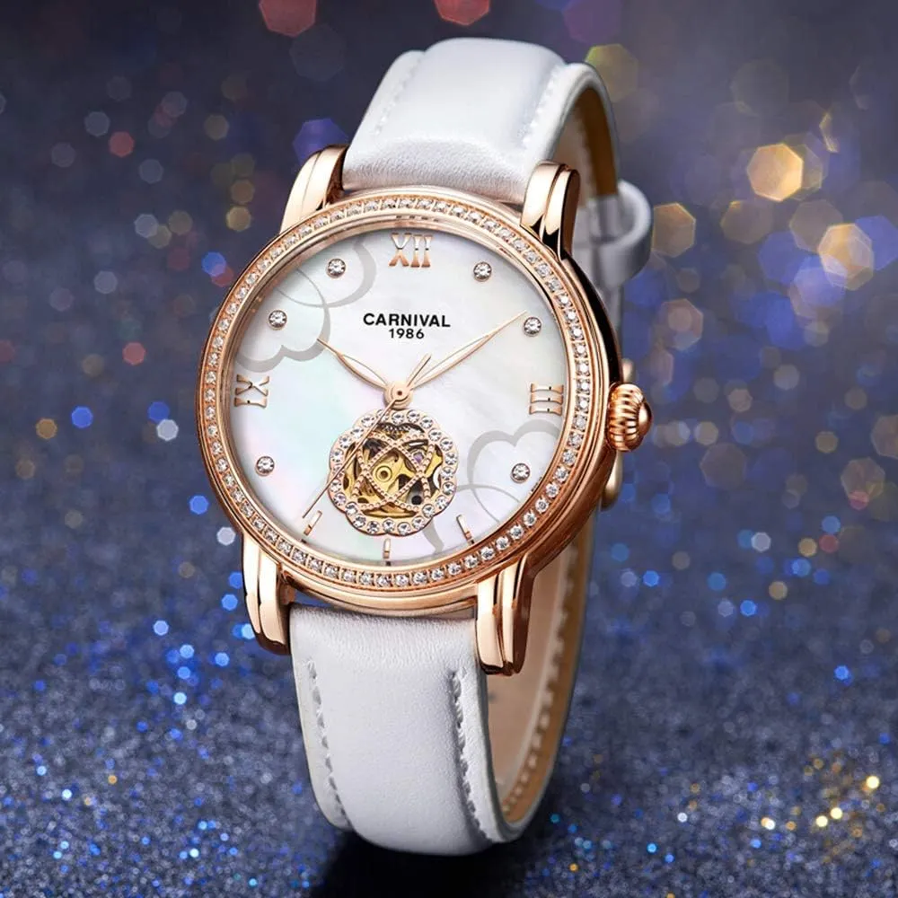 Luxury Diamond predominant clasp Display Women Sapphire Simple Flower Skeleton Dial Transparent Case Automatic Watches Carlien 