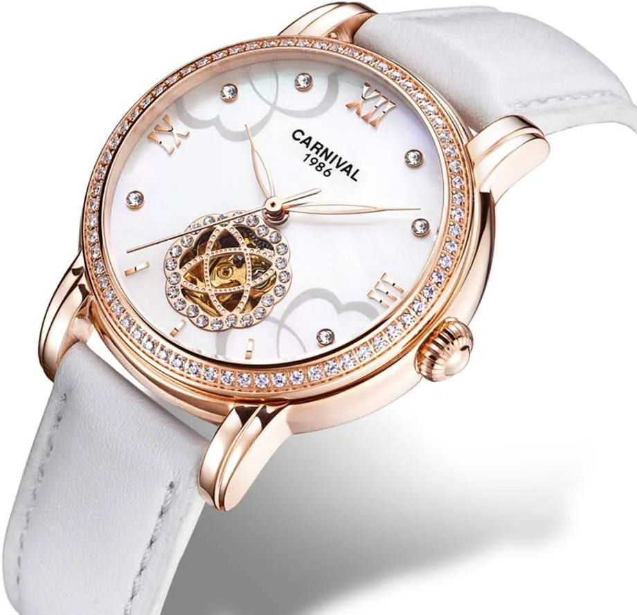 Luxury Diamond predominant clasp Display Women Sapphire Simple Flower Skeleton Dial Transparent Case Automatic Watches Carlien 
