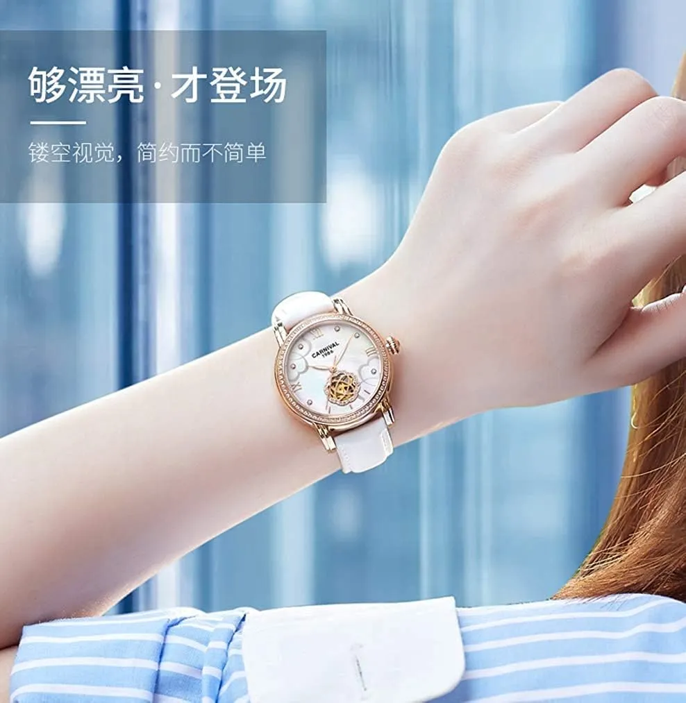 Luxury Diamond predominant clasp Display Women Sapphire Simple Flower Skeleton Dial Transparent Case Automatic Watches Carlien 