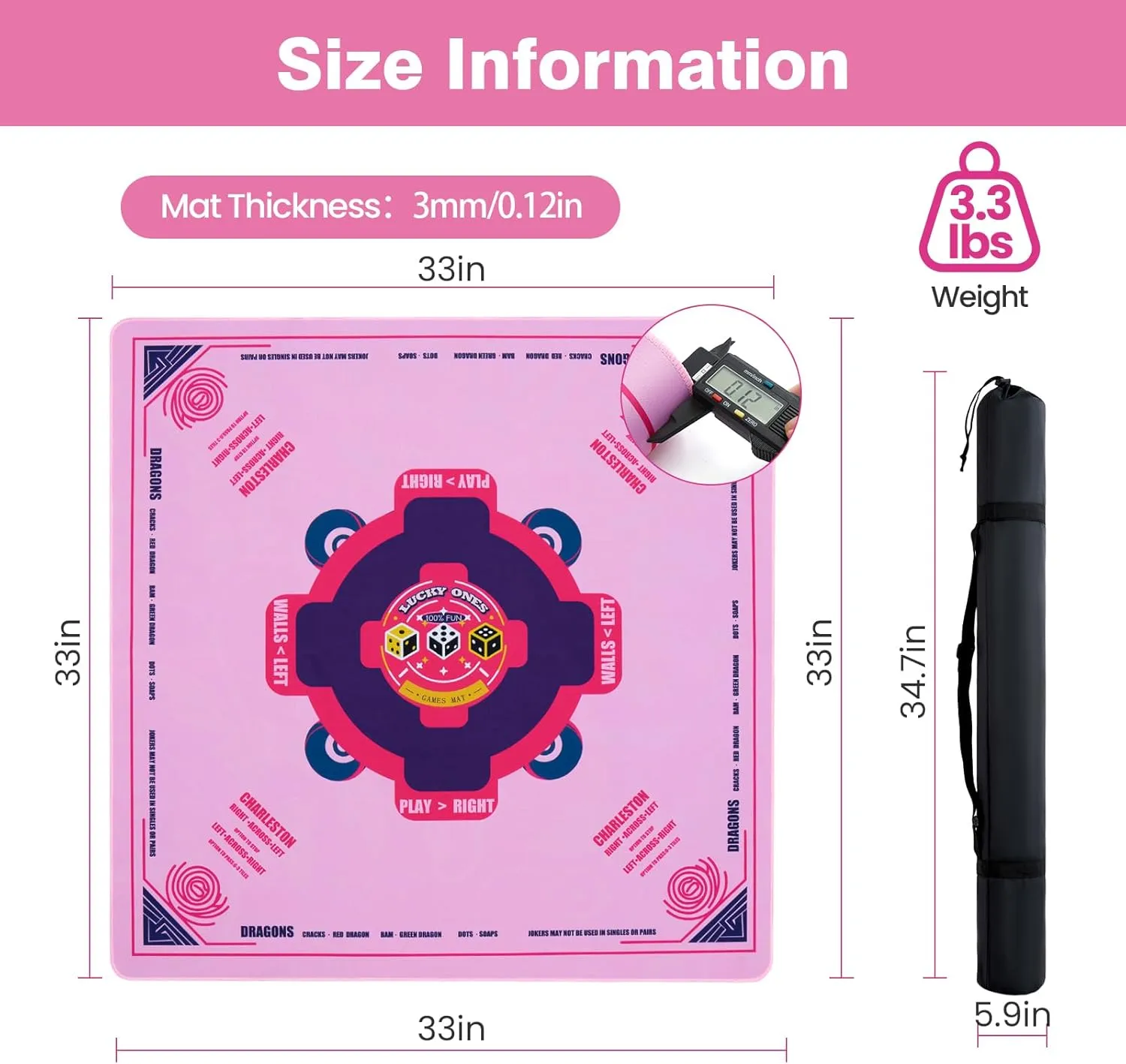 Mah Jongg Mats for Table, Poker, Card, Dominoes, Tile & Board Games (Pink) Mahjong Mat Neoprene (33"x33") Noise Reduction Non-Slip, American Mahjong Table Mat interpret sill chance chair elective lifeblood with 3 Dice & Carrying Bag, 
