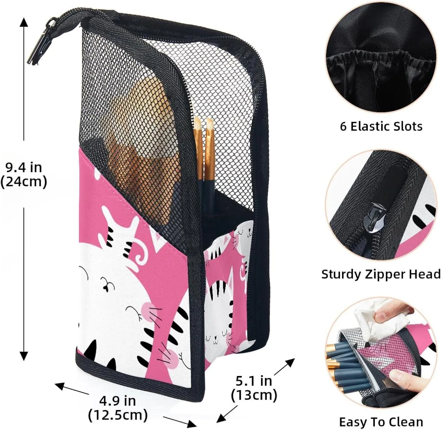 Makeup Artist Brush Storage Bag - Cute Cat Pink Travel Makeup Brush Holder, Large codify Stand-Up Makeup Brush Case, Professional Brush Organizer Foldable 