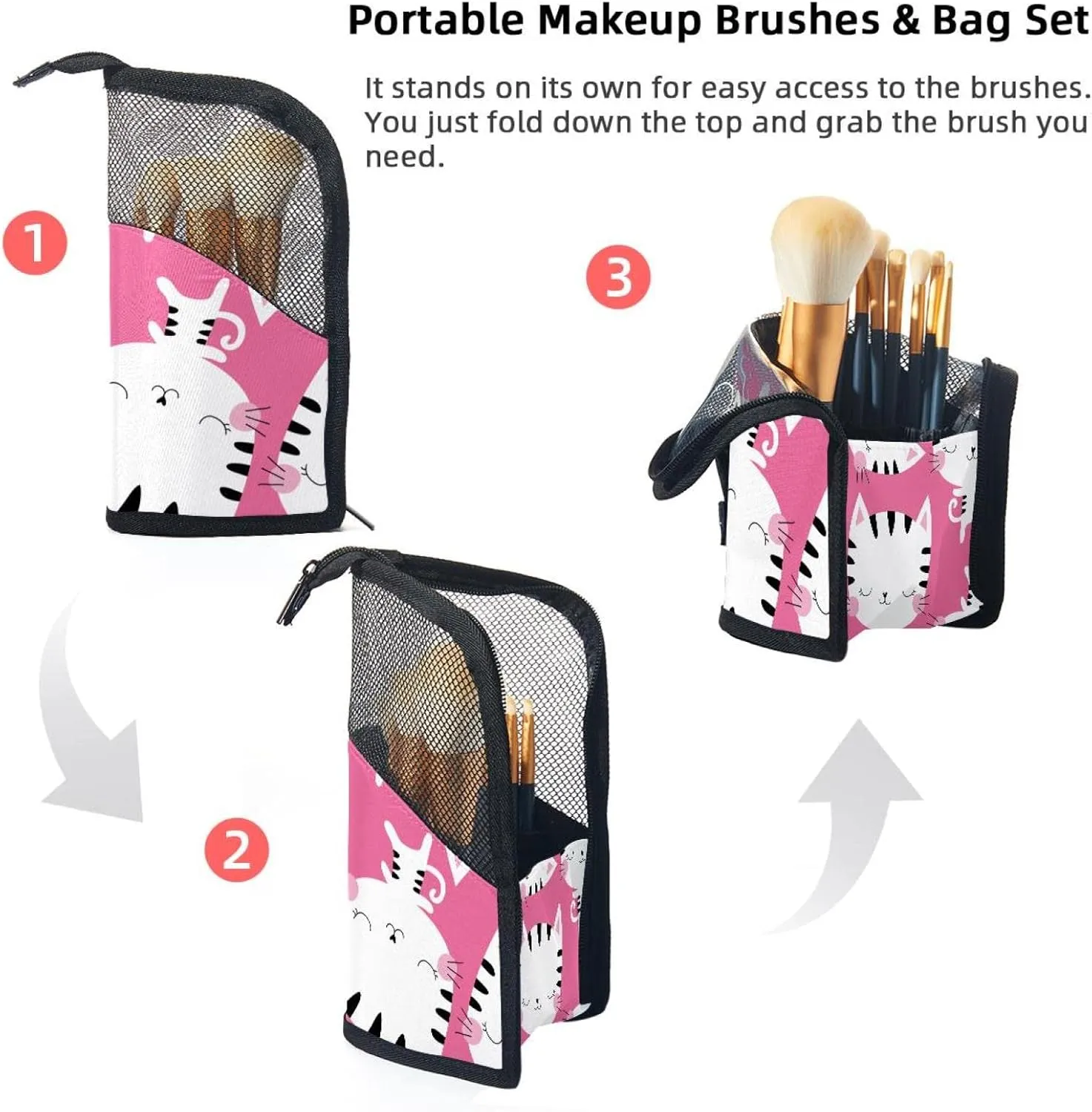 Makeup Artist Brush Storage Bag - Cute Cat Pink Travel Makeup Brush Holder, Large codify Stand-Up Makeup Brush Case, Professional Brush Organizer Foldable 