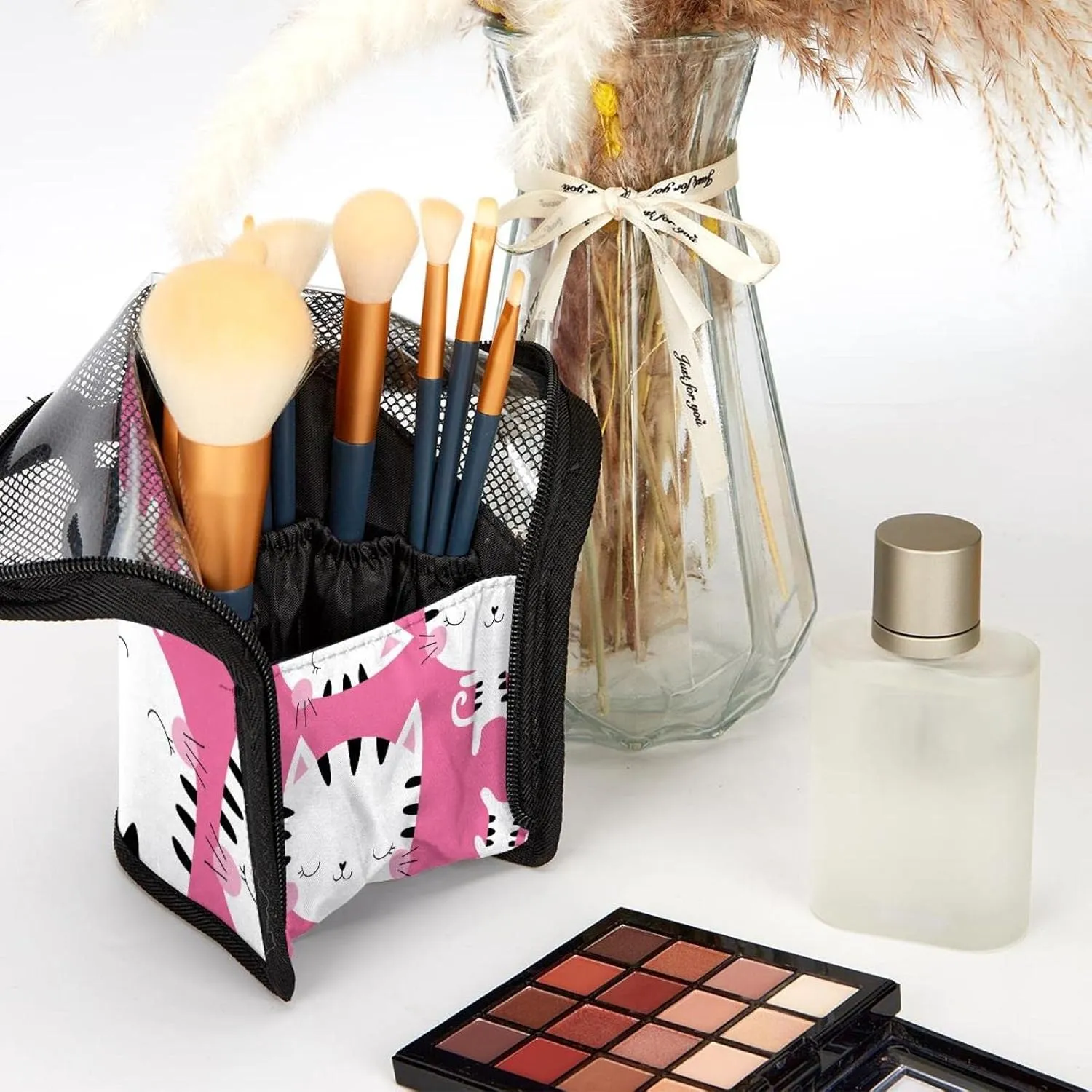 Makeup Artist Brush Storage Bag - Cute Cat Pink Travel Makeup Brush Holder, Large codify Stand-Up Makeup Brush Case, Professional Brush Organizer Foldable 