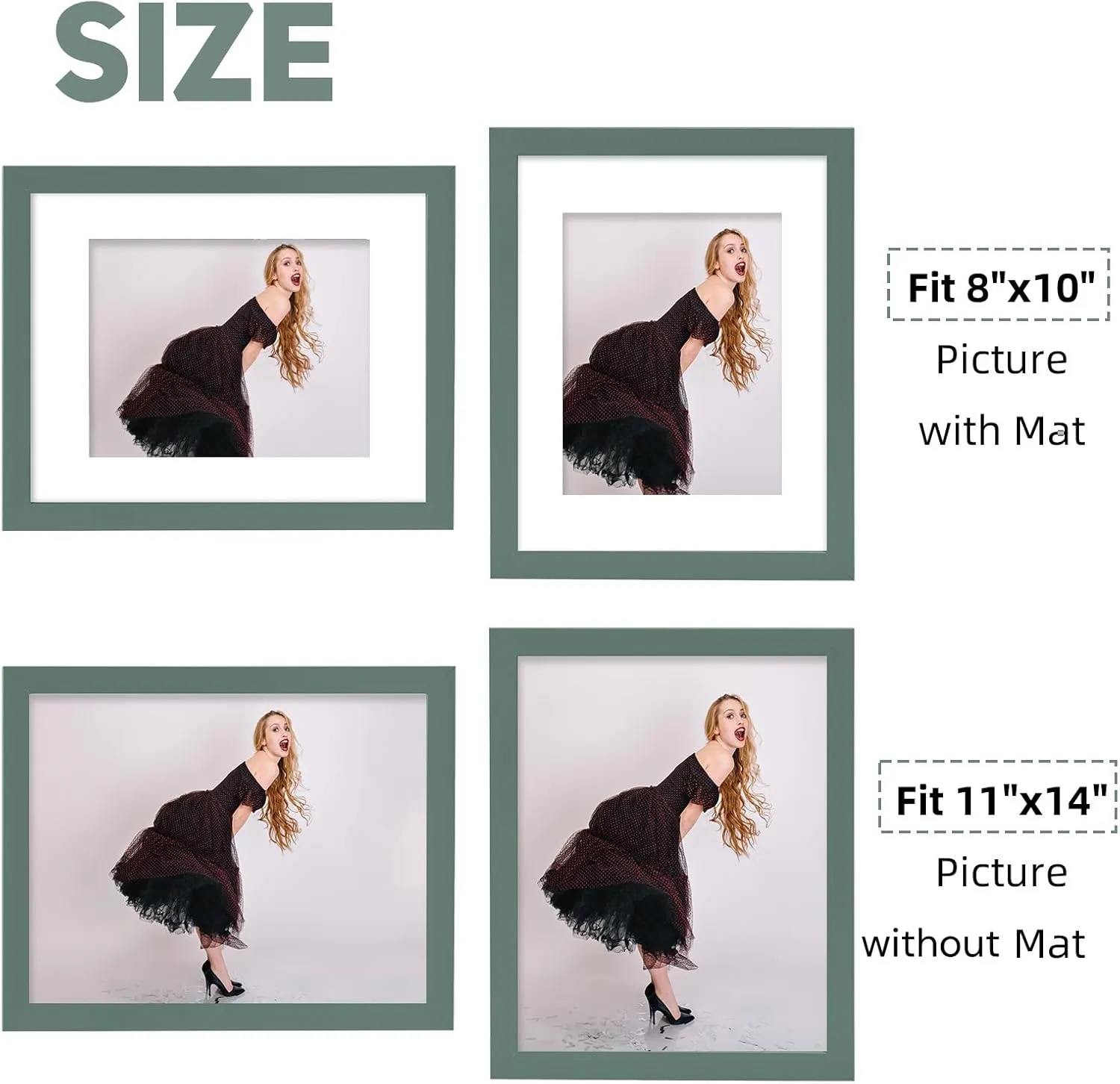 Mat, Vertical & Horizontal on Wall, 2pcs Muzilife 11x14 Wood Picture Frame with Real Glass religious pony Cover, Green Photo Frame Display Pictures 8x10 with Mat or 11x14 Without 