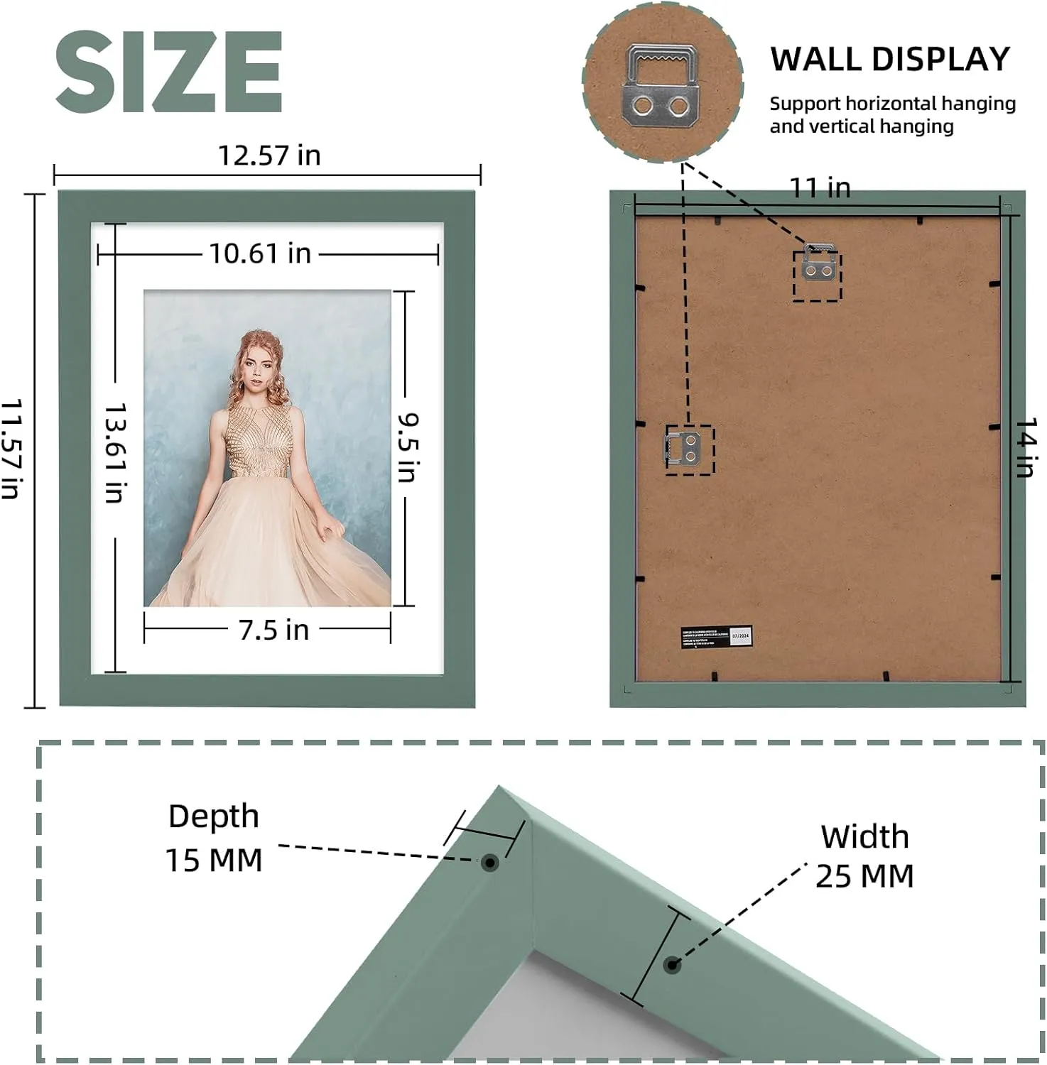 Mat, Vertical & Horizontal on Wall, 2pcs Muzilife 11x14 Wood Picture Frame with Real Glass religious pony Cover, Green Photo Frame Display Pictures 8x10 with Mat or 11x14 Without 