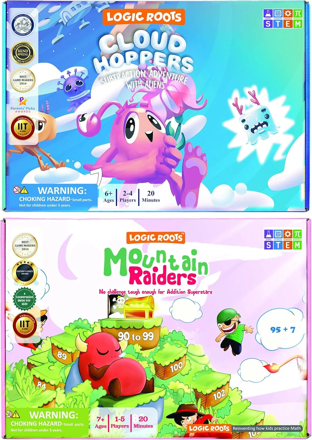 Math Board Games and STEM Toys for 7 Year and Up, Gift for Kids (Girls & Boys), Homeschoolers, Grade 1 & Up finely Addition and Subtraction Games - Pack of 2, Cloud Hoppers & Mountain Raiders, 