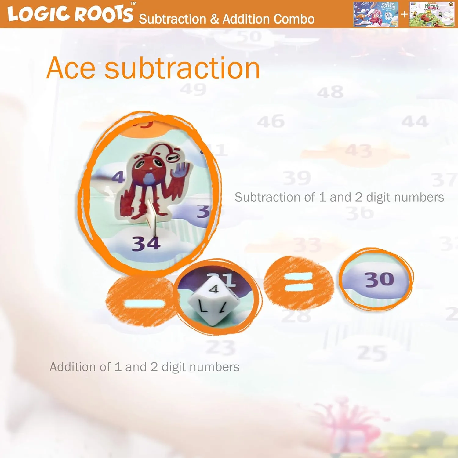 Math Board Games and STEM Toys for 7 Year and Up, Gift for Kids (Girls & Boys), Homeschoolers, Grade 1 & Up finely Addition and Subtraction Games - Pack of 2, Cloud Hoppers & Mountain Raiders, 
