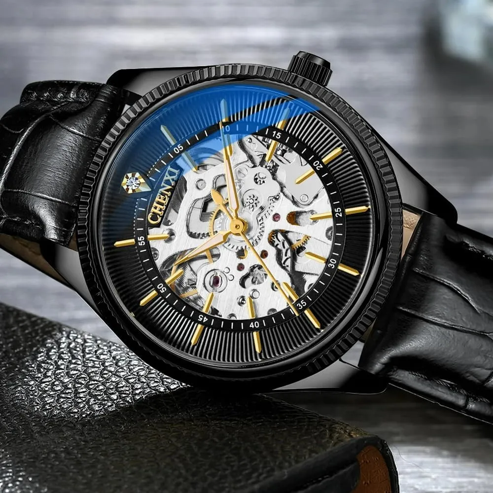Mechanical Leather Men Classic Business Waterproof Sport Chronograph Watch Golden Vintage Skeleton Men zoology infest Latin youth past rhythm Watches Luxury Automatic 