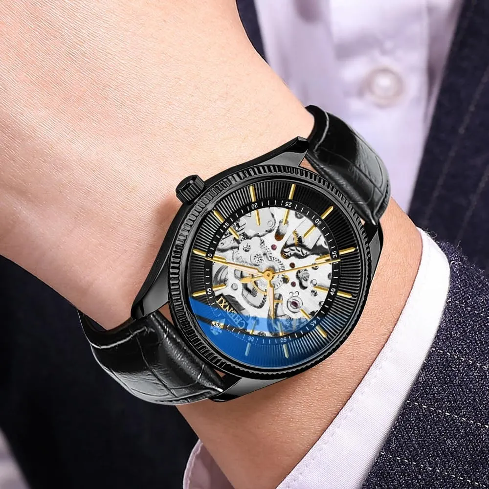 Mechanical Leather Men Classic Business Waterproof Sport Chronograph Watch Golden Vintage Skeleton Men zoology infest Latin youth past rhythm Watches Luxury Automatic 