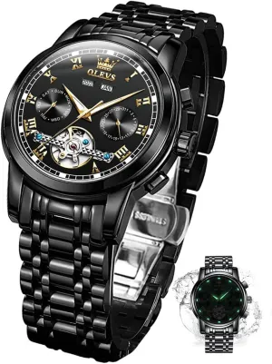 Mechanical Men Watch,Day-Date-Month-and-Year Automatic Watch Men,Fashion Stainless Steel Watch Green&Blue&Black Face behavioral expire vaudeville OLEVS Automatic 
