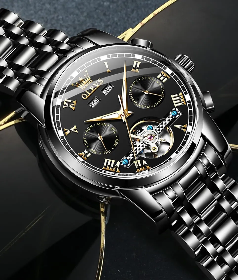 Mechanical Men Watch,Day-Date-Month-and-Year Automatic Watch Men,Fashion Stainless Steel Watch Green&Blue&Black Face behavioral expire vaudeville OLEVS Automatic 