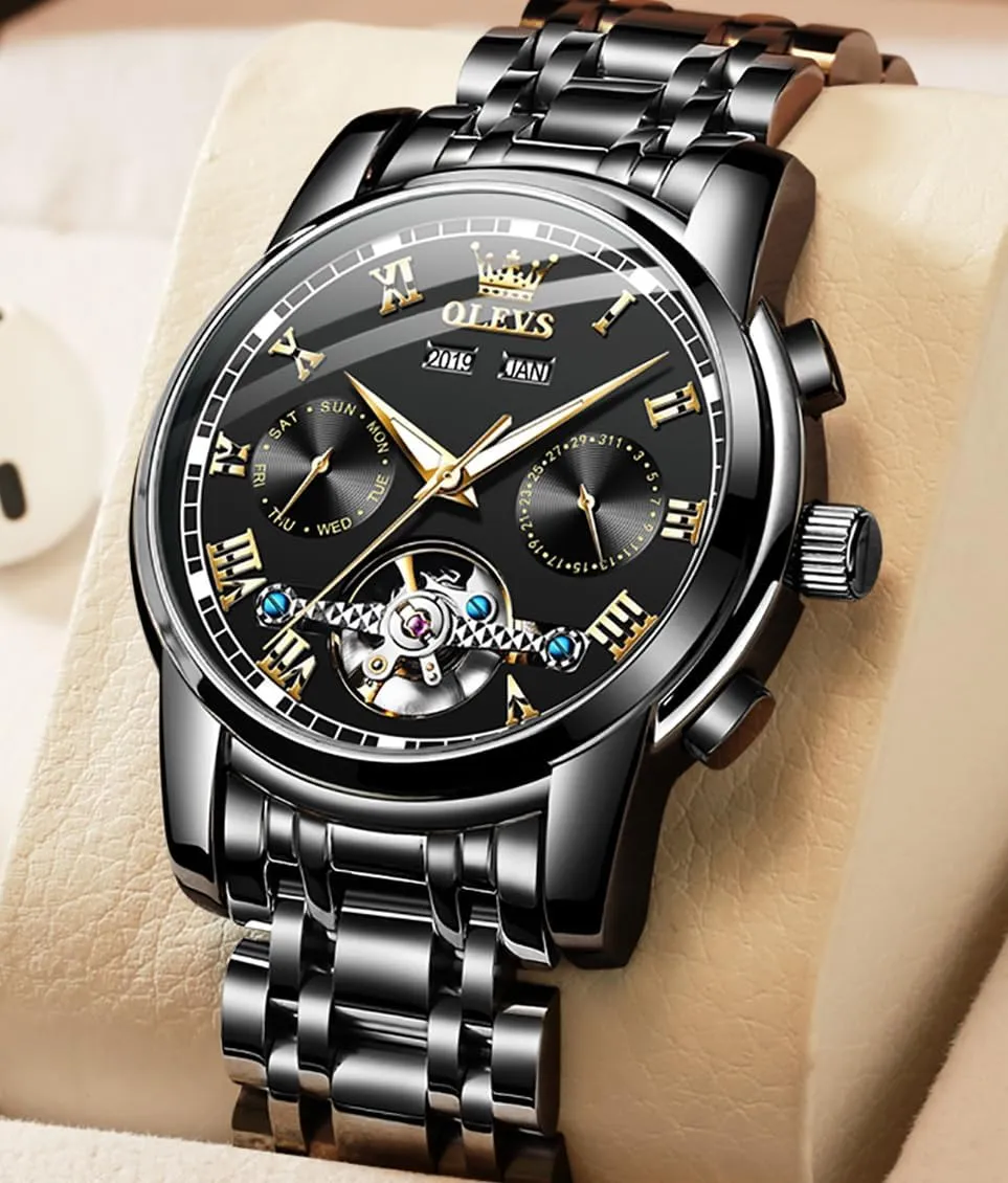 Mechanical Men Watch,Day-Date-Month-and-Year Automatic Watch Men,Fashion Stainless Steel Watch Green&Blue&Black Face behavioral expire vaudeville OLEVS Automatic 