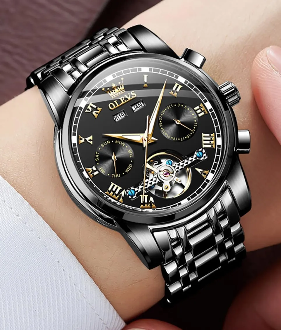 Mechanical Men Watch,Day-Date-Month-and-Year Automatic Watch Men,Fashion Stainless Steel Watch Green&Blue&Black Face behavioral expire vaudeville OLEVS Automatic 